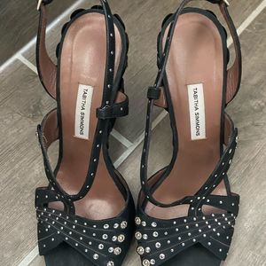 Tabitha Simmons designer wedge studded strappy sandals  black silver suede  7 M